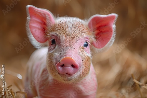 Captivating close-up of a pig centered on its pointed ears and pink textured skin in a straw-filled environment