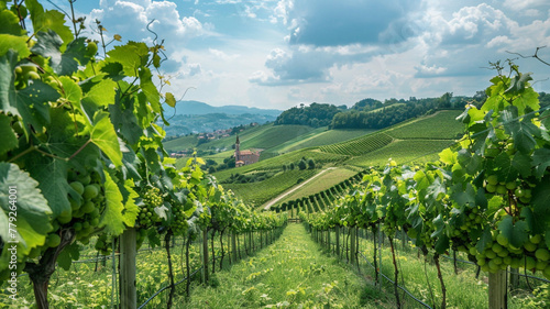 A lush green vineyard stretching across rolling hills, with grapevines heavy with clusters of ripening fruit. photo