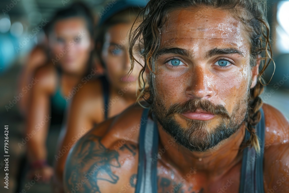 An intense male athlete, drenched in sweat, with a focused expression and tattoos on display