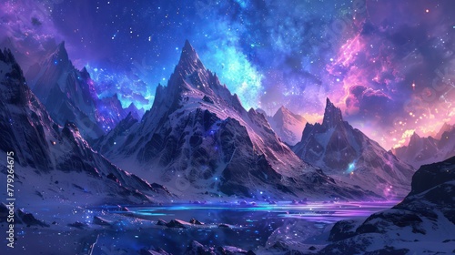 A breathtaking fantasy landscape depicting towering mountains under a vibrant, star-filled cosmic sky reflecting on a serene icy lake