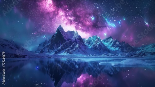 A breathtaking landscape showcasing a vibrant purple aurora borealis lighting up the night sky above snow-capped mountains, with a perfect reflection in the serene lake below