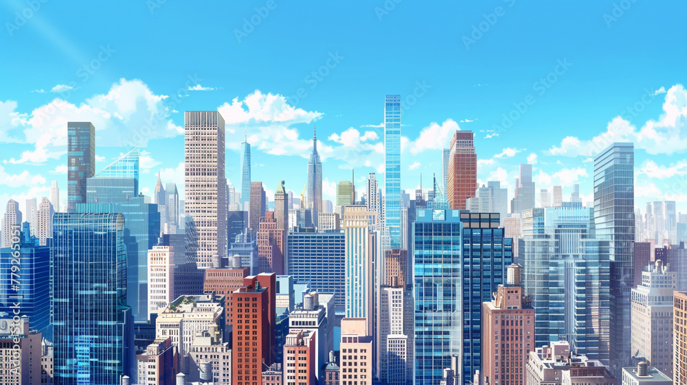 A vibrant city skyline with towering buildings and a clear blue sky above.