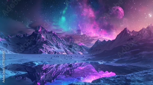 A breathtaking digital artwork of a snow-covered mountain range under a stunning galaxy sky with vibrant cosmic colors reflecting in a serene lake