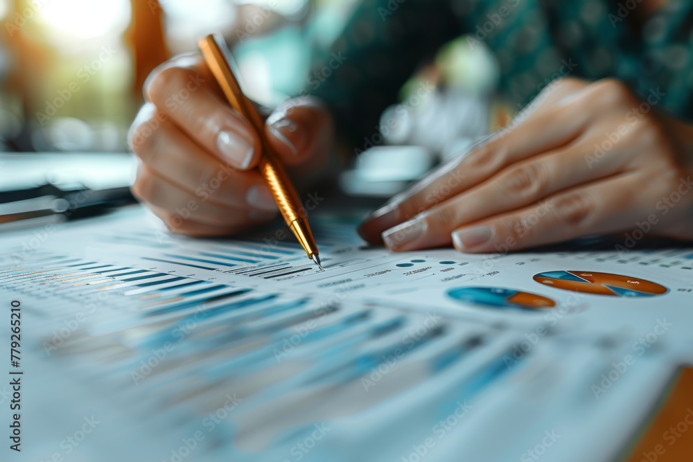Macro photography of a professional working with financial charts, signifying strategic financial planning and analysis Macro photography of a professional working with financial charts, signifying strategic financial planning and analysis