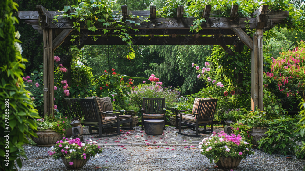 A tranquil garden patio adorned with blooming flowers and cozy seating.