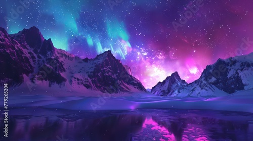 A breathtaking display of the Aurora Borealis illuminates the night sky over a serene snowy mountain landscape, with vivid hues reflecting on the icy waters photo