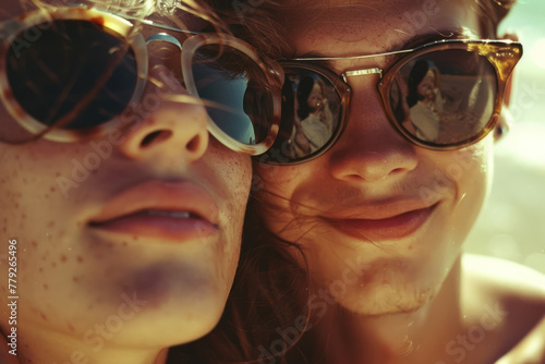 close-up of cheerful young couple in sunglasses enjoying summer vibes,  old film effect  