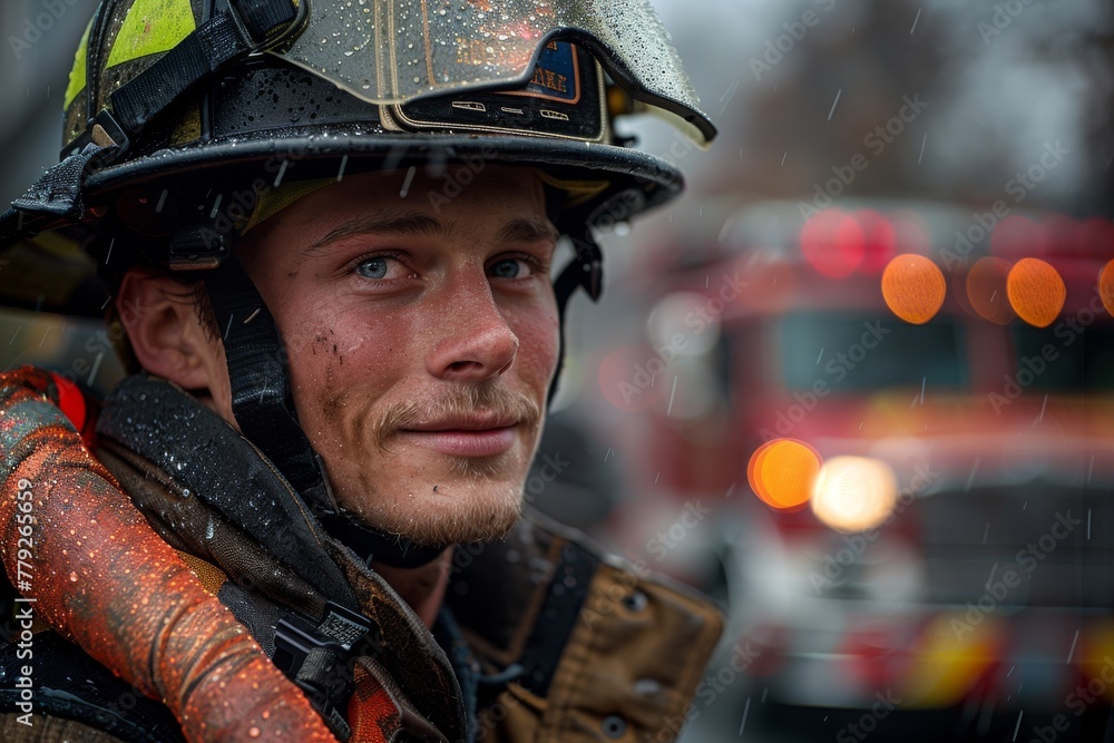 A portrait of a young firefighter with a helmet on, suggestive of bravery and service, with a blurred fire truck in the background