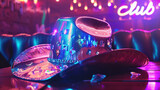 glittering blue cowboy hat with reflective sequins and vibrant club lights