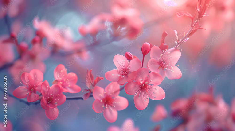 Pink flowers on a branch with a blue background