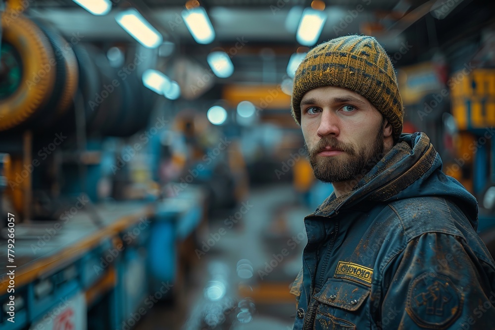 Reflective worker with a knit hat looking serious in a well-equipped workshop environment