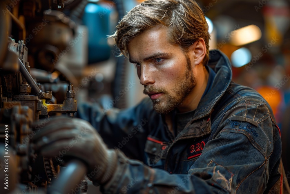 Dedicated male engineer with a beard adjusting complex machinery in an industrial workspace