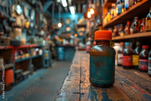 This composition features a well-used vintage bottle resting on a rustic wooden workbench amidst various old bottles