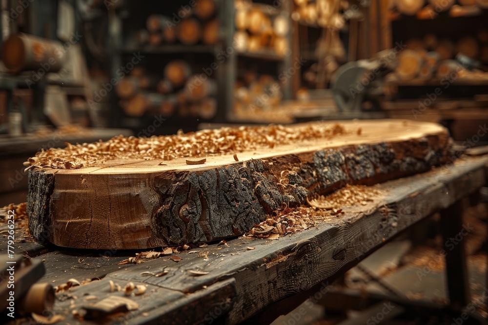 A finely cut wooden slab rests on a workbench amidst a scattering of wood shavings, suggesting carpentry or woodworking craftsmanship