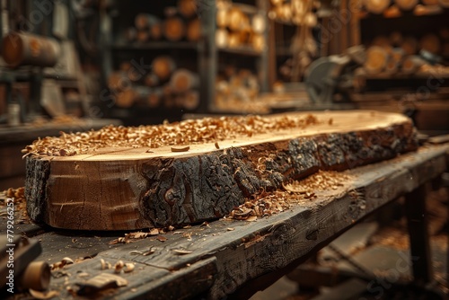 A finely cut wooden slab rests on a workbench amidst a scattering of wood shavings, suggesting carpentry or woodworking craftsmanship © Larisa AI