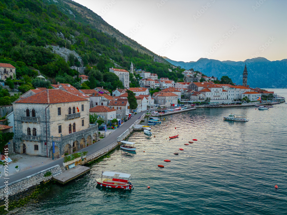 Fototapeta premium Sunrise view of Perast town in Montenegro situated at Boka Kotorska bay