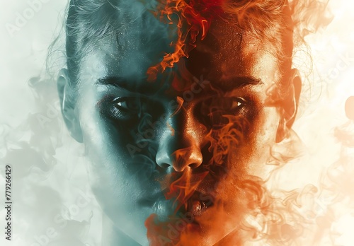 A splitscreen poster with one side depicting an angry, smoldering human face and the other half featuring a serene young woman's profile photo