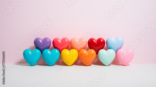 Colorful hearts on a bright background. Minimal concept, copy space