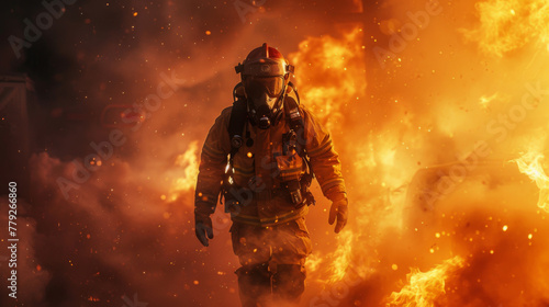 A firefighter, fully geared in protective clothing, walking through a fierce and blazing inferno.