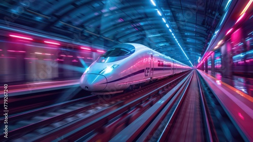 A futuristic high-speed bullet train, captured in motion blur at a modern station with vibrant pink and blue lighting reflecting technological advancement