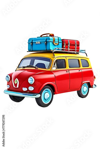 Funny red retro car with blue luggage, yellow suitcase, purple yoga mat strapped to steel roof rack