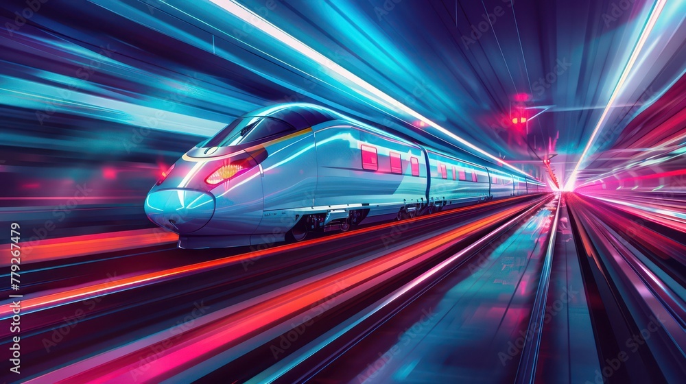 Fototapeta premium A vibrant and dynamic image capturing the essence of modern and futuristic transportation, with a high-speed train speeding through a neon-lit tunnel