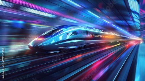 A high-speed train rushes forward with motion blur through a vibrant neon-lit tunnel, depicting modern and fast transportation technology