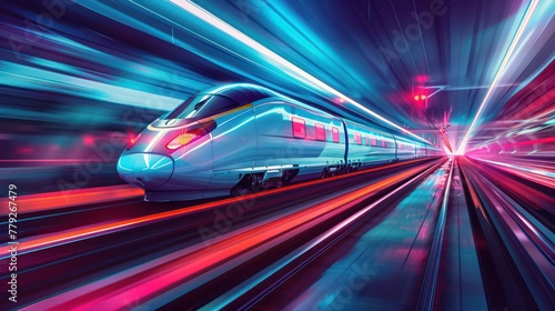 A vibrant and dynamic image capturing the essence of modern and futuristic transportation, with a high-speed train speeding through a neon-lit tunnel