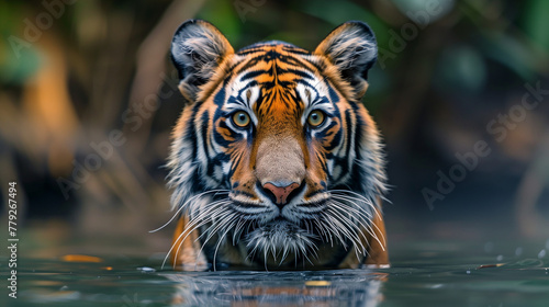 A tiger is swimming in a body of water. AI.