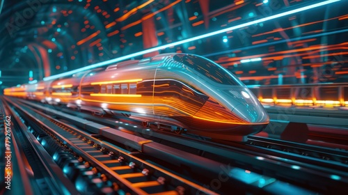 A modern, state-of-the-art high-speed train zooms along the tracks, encapsulated by dynamic light trails within a tunnel, exuding speed and innovation