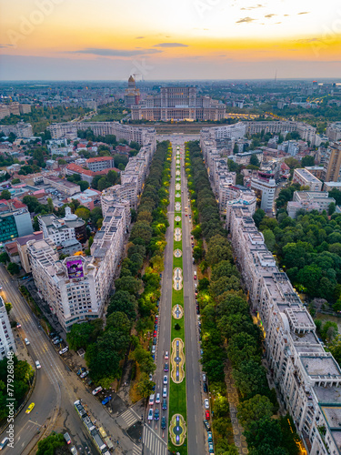 Sunset view of Bulevardul Unirii boulevard leading to the Romanian parliament in Bucharest