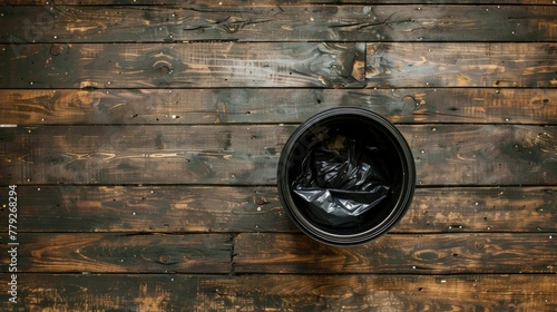 Trash can with a black plastic bag inside, on a wooden background, viewed from above. photo