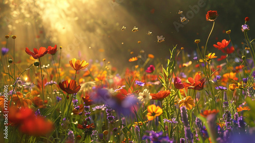 A sunlit meadow filled with colorful wildflowers and buzzing bees.