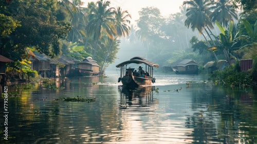 Tourists enjoy a boat ride through the scenic backwaters of Alleppey, India. Houseboat cruises are a popular tourist attraction in the state of Kerala. photo