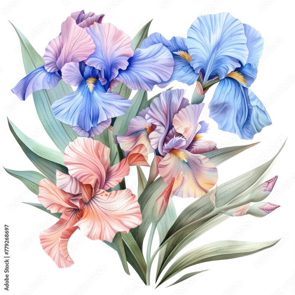 A stunning illustration featuring a bouquet of iris flowers in various hues of blues and pinks with detailed green leaves Perfect for floral themes