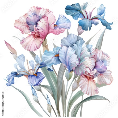 A stunning illustration of delicate irises  showcasing vibrant colors and intricate details against a clear white backdrop  perfect for floral themes