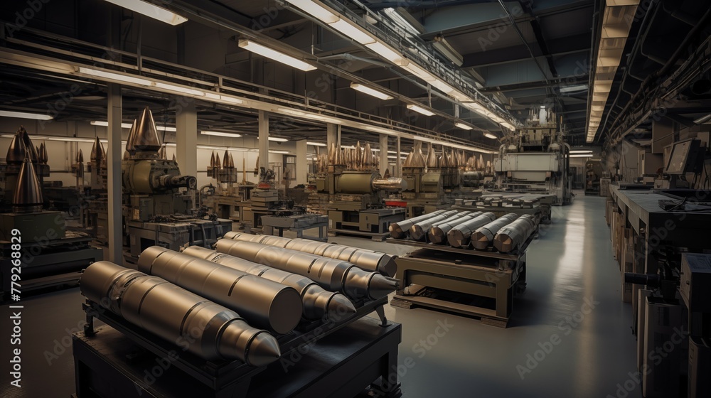 Photograph of modern high tech factory producing many artillery shells. Showing bombs, mines and other explosive devices. Photograph of modern high tech factory producing many artillery shells. Showing bombs, mines and other explosive devices.
