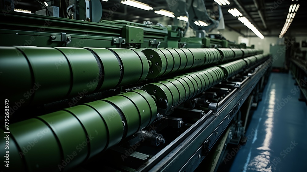 Photograph of modern high tech factory producing many artillery shells. Showing bombs, mines and other explosive devices. Photograph of modern high tech factory producing many artillery shells. Showing bombs, mines and other explosive devices.