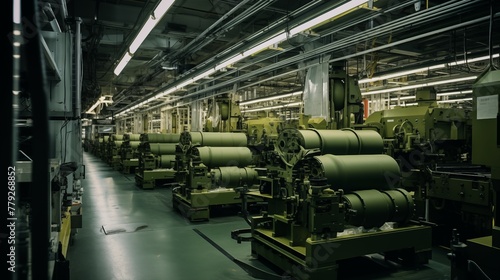 Photograph of modern high tech factory producing many artillery shells. Showing bombs, mines and other explosive devices.