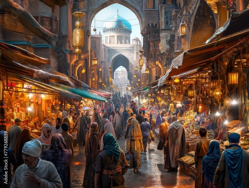 A busy market with people walking around and shopping. The atmosphere is lively and bustling. The market is filled with various stalls and shops, and the people are engaged in their activities photo