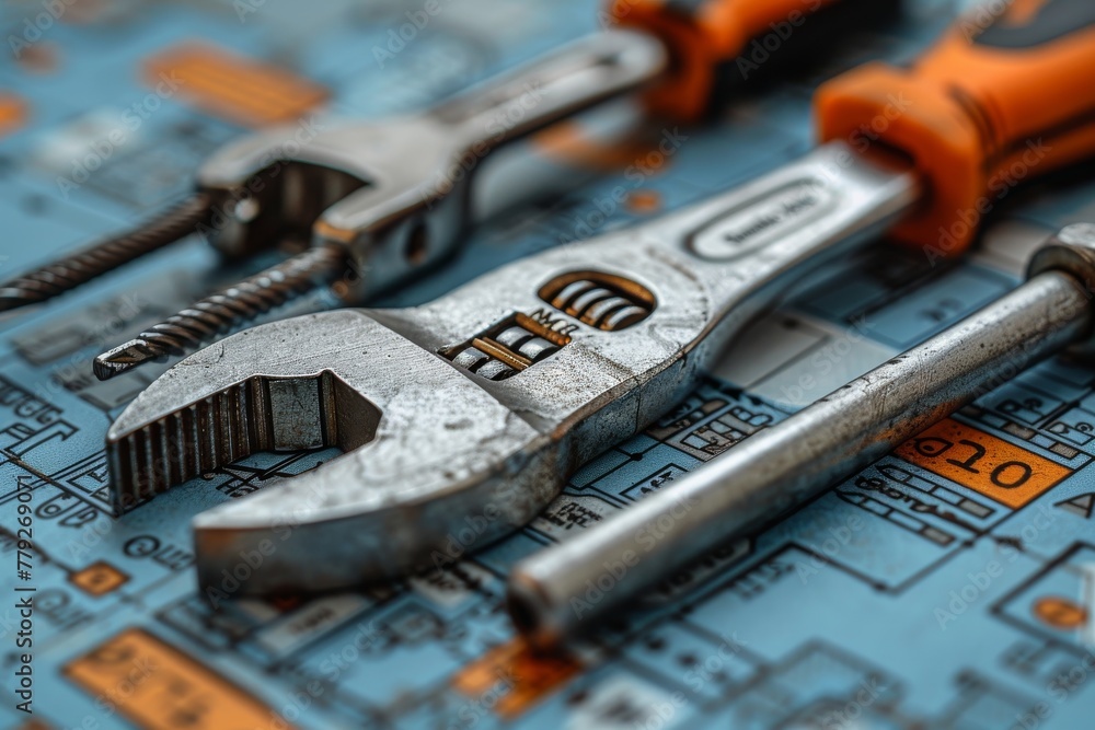 Fototapeta premium Detailed macro photo of various wrenches on engineering blueprints, with focus on the equipment