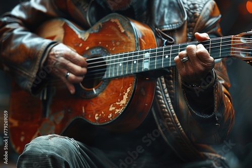 A musician plays an old, distressed guitar with focus on the detailed textures and finger placement