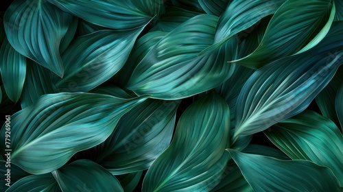 A mesmerizing closeup of verdant green tropical leaves, showcasing detailed textures and a sense of serenity and growth in nature