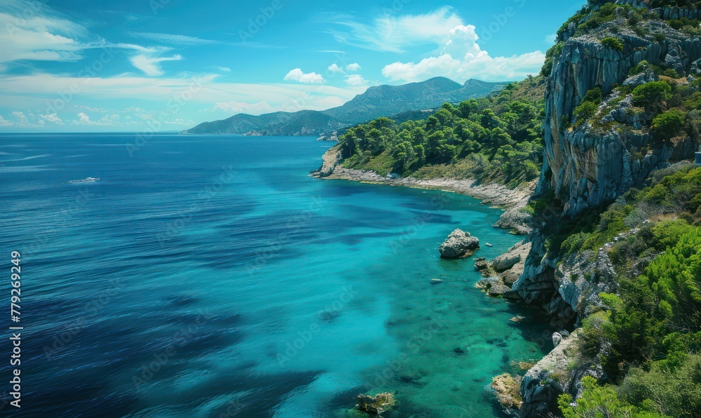A stunning aerial view of a pristine coastline with turquoise waters, lush greenery, and rocky cliffs under a blue sky Perfect for showcasing nature's beauty