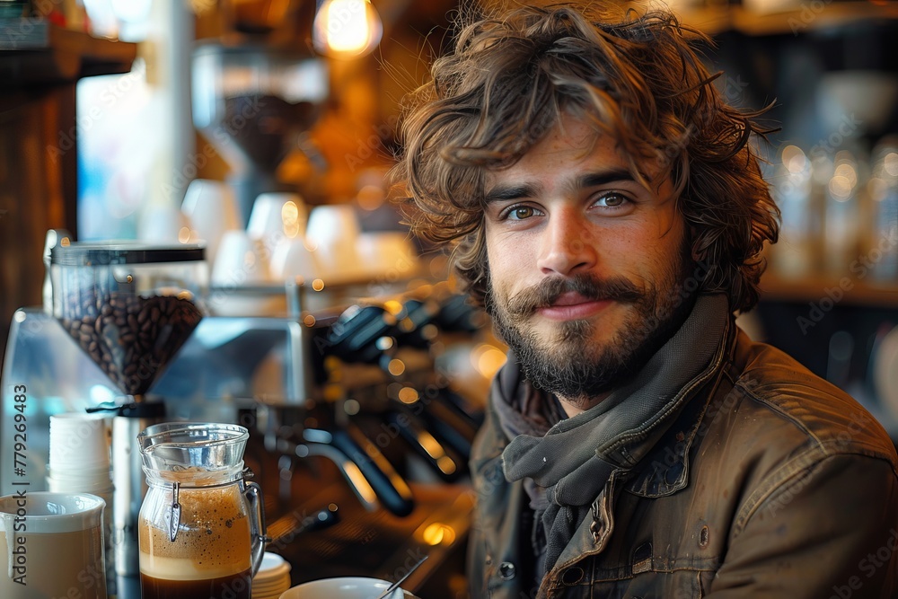 A young male barista with curly hair smiles casually while working in a modern coffee shop
