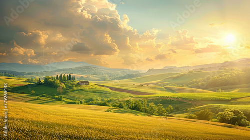 A picturesque countryside farm with rolling fields and a sunny sky above.