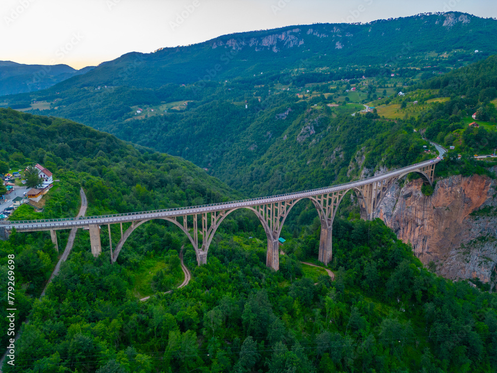 Sunset view of Djurdjevica Tara bridge in Montenegro Sunset view of Djurdjevica Tara bridge in Montenegro