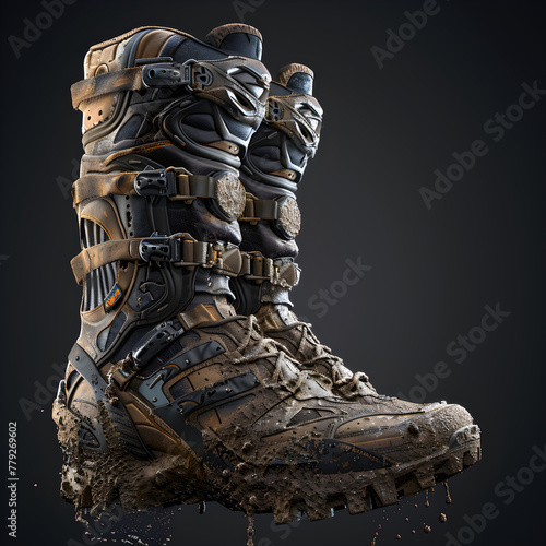 A Pair of Rugged and Durable Motocross Boots Splattered with Adventure Marks