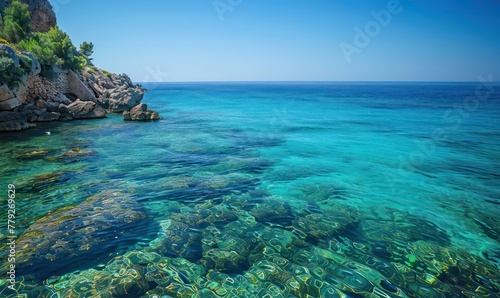 A serene seascape capturing the clear turquoise waters gently lapping against a rugged rocky shore under a vast blue sky