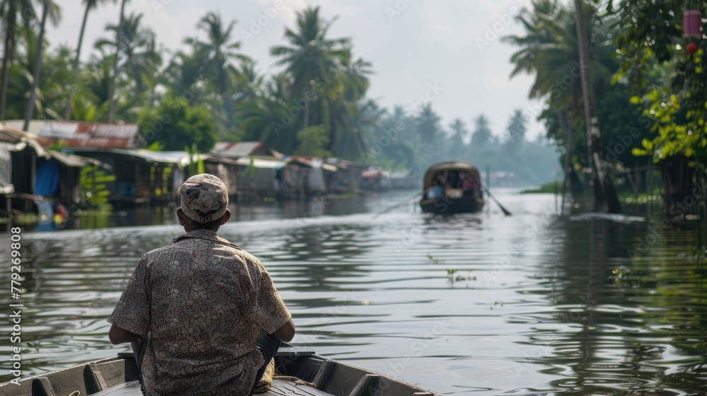 Kerala backwaters, a popular tourist spot and a way of life for locals, feature houseboats floating on their waters.